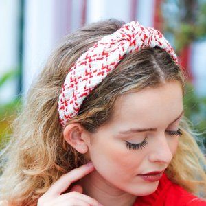 Red & White Plaid Knit Top Knot Headband